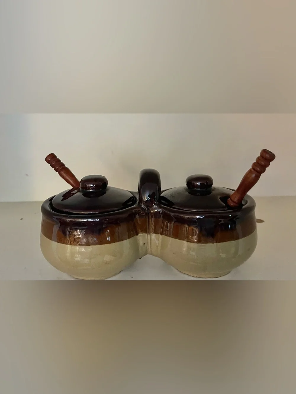 Stoneware Pottery Double Condiment Jam & Jelly Server Brown Vintage with spoons